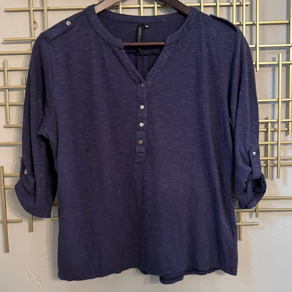 Cathy Petites Dark Blue Roll Tab Henley Top PM